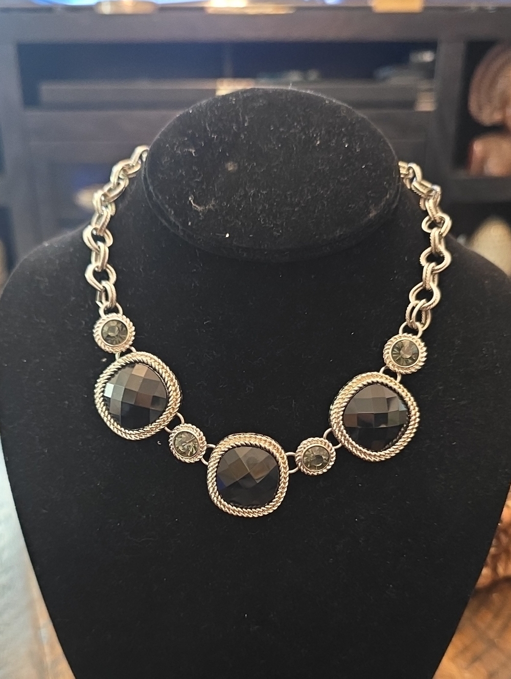 2028 Silver-Tone Black Faceted Stone Necklace for Women
